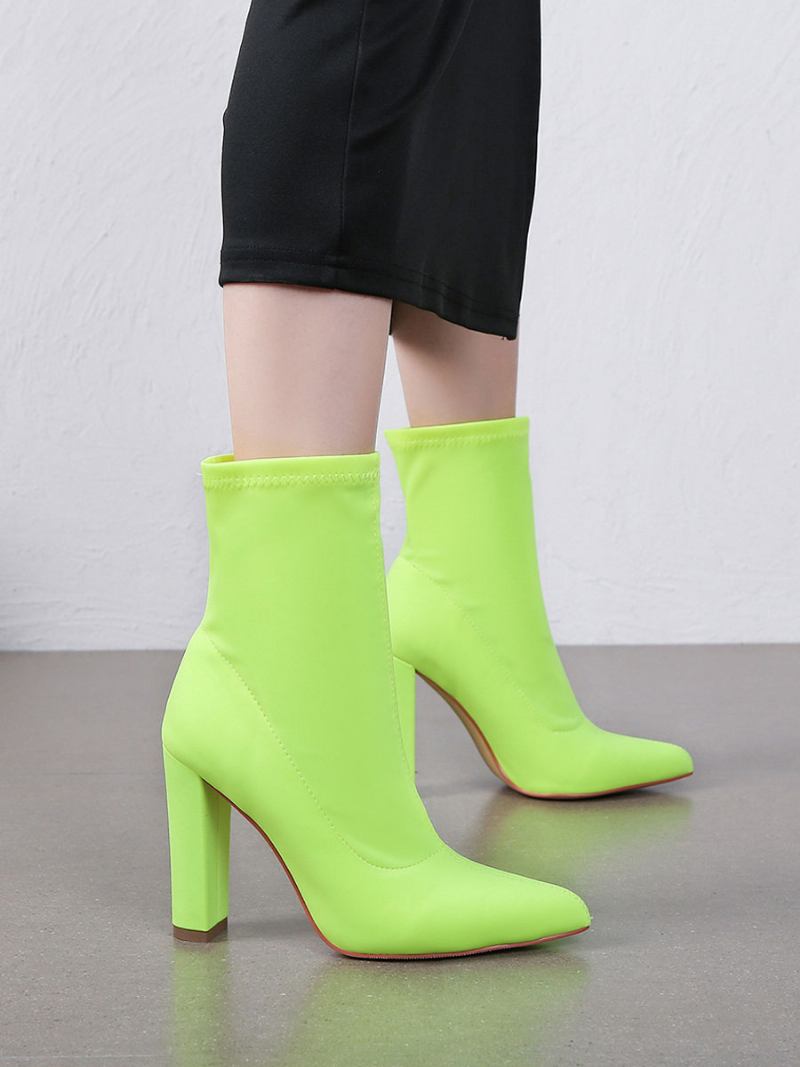 Botas Femininas Tecido Elástico Com Bico Fino E Salto Grosso - Amarelo Verde