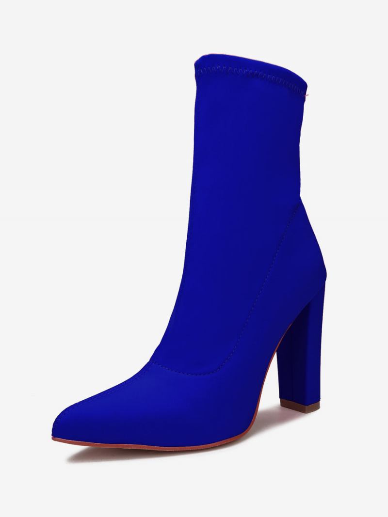 Botas Femininas Tecido Elástico Com Bico Fino E Salto Grosso - Azul Royal