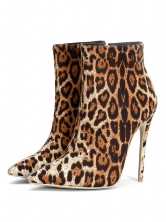 Botas Femininas Tornozelo Com Bico Fino E Estampa Leopardo Salto Agulha Micro Camurça Bota Alto