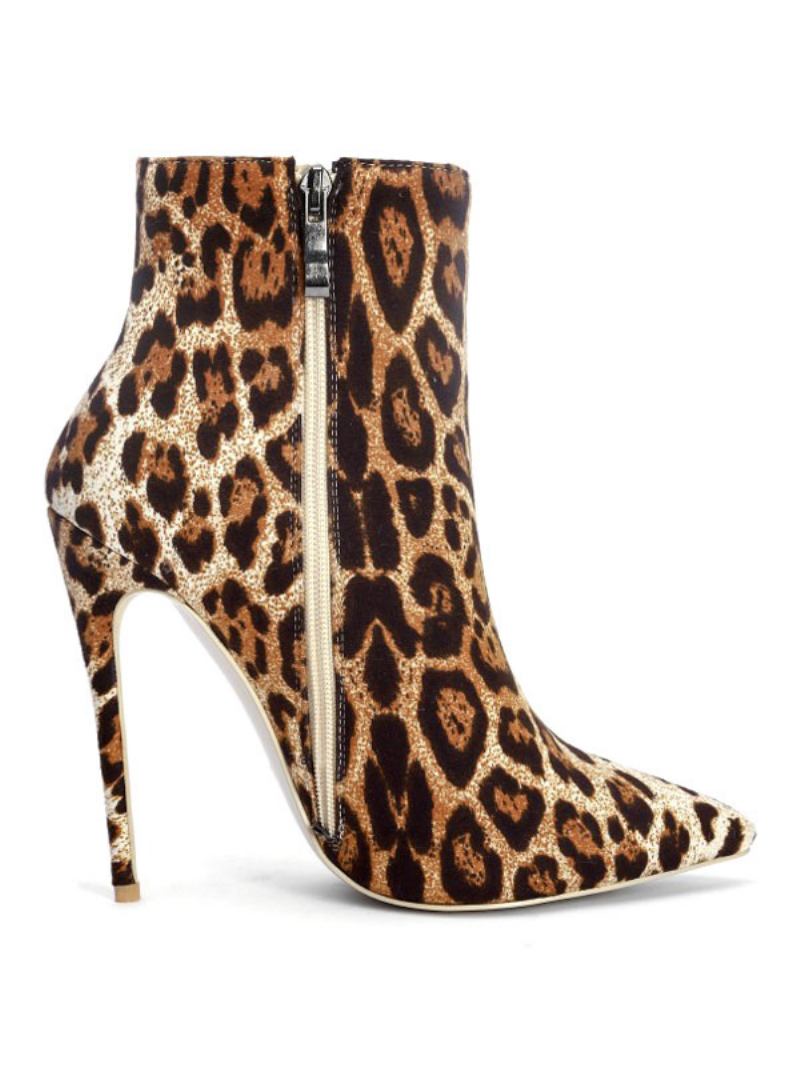 Botas Femininas Tornozelo Com Bico Fino E Estampa Leopardo Salto Agulha Micro Camurça Bota Alto - Leopardo