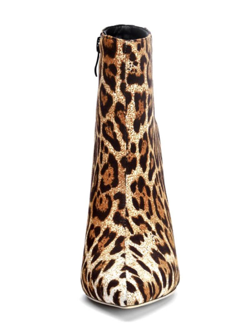 Botas Femininas Tornozelo Com Bico Fino E Estampa Leopardo Salto Agulha Micro Camurça Bota Alto - Leopardo