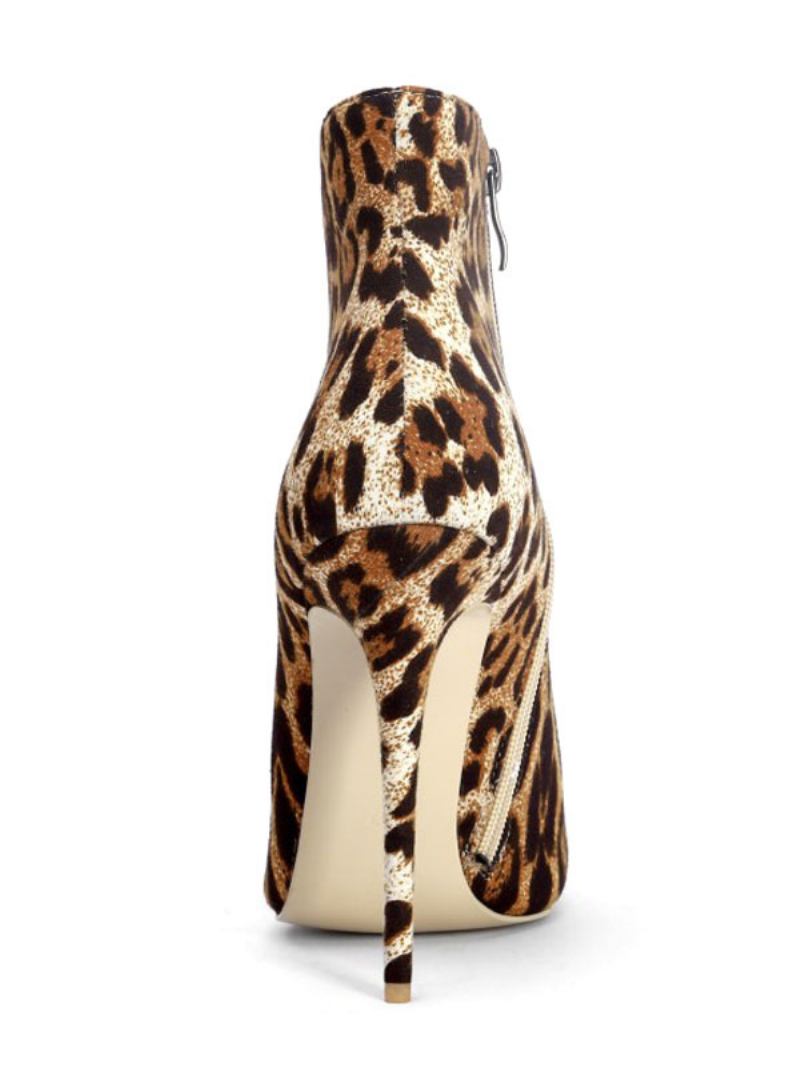 Botas Femininas Tornozelo Com Bico Fino E Estampa Leopardo Salto Agulha Micro Camurça Bota Alto - Leopardo