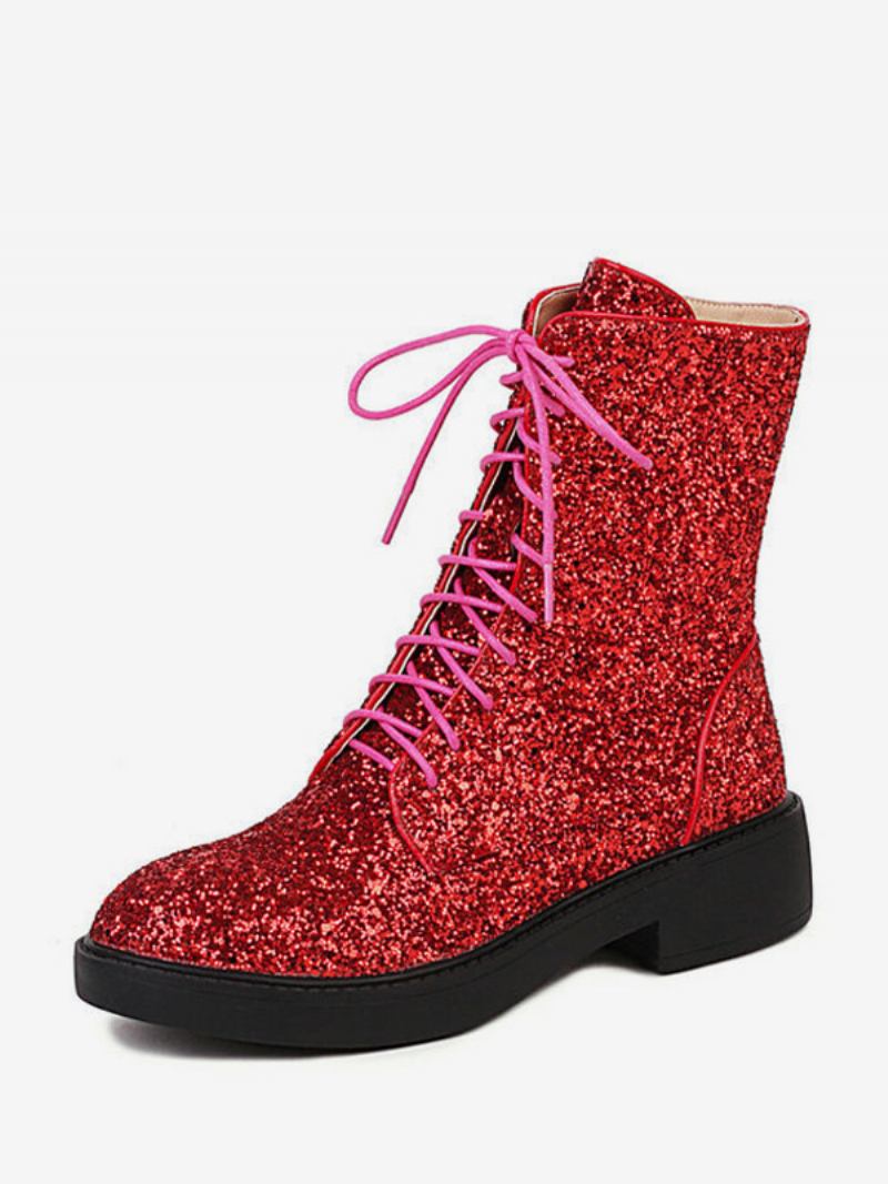 Botas Femininas Tornozelo Com Lantejoulas Douradas Em Couro Pu Redondo Bico Plano - Vermelho