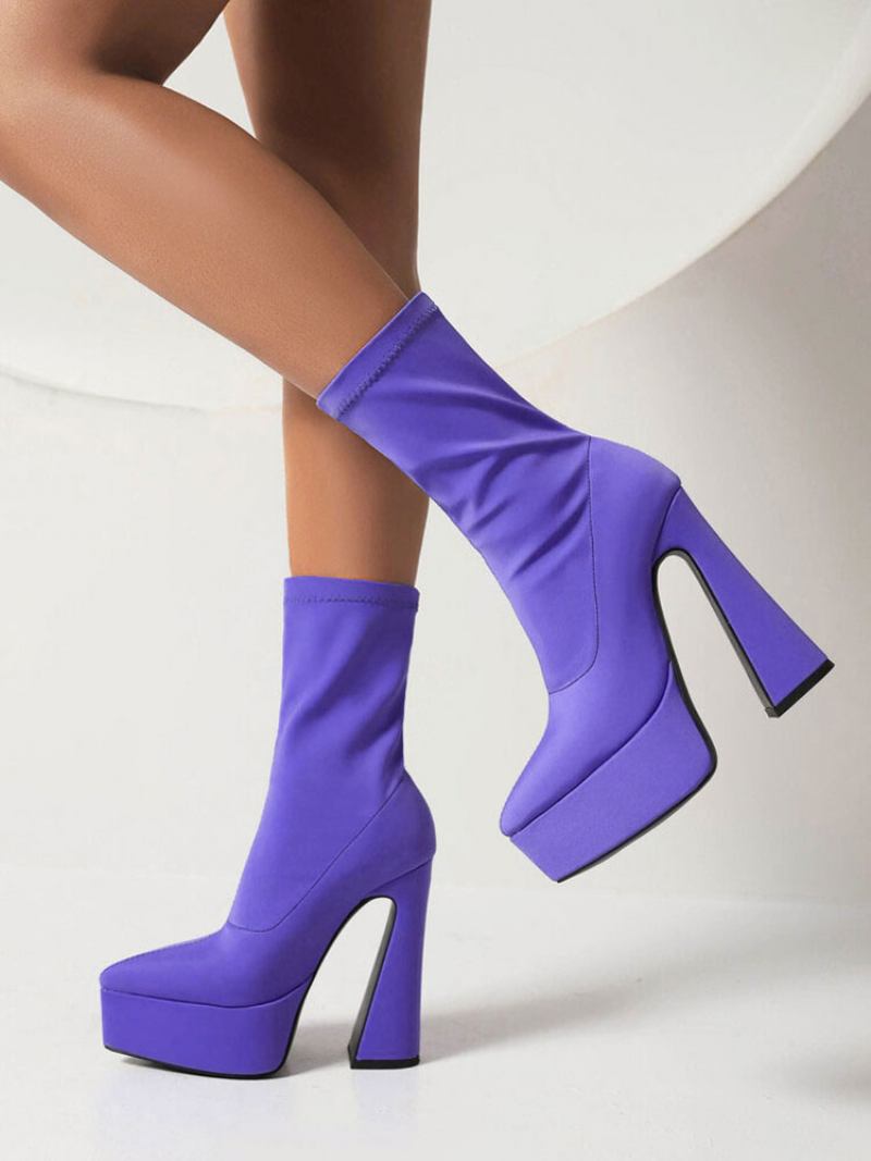 Botas Femininas Tornozelo Com Plataforma Bico Fino E Salto Grosso Elástico - Roxo