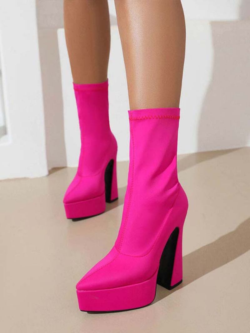 Botas Femininas Tornozelo Com Plataforma Bico Fino E Salto Grosso Elástico - Rosa