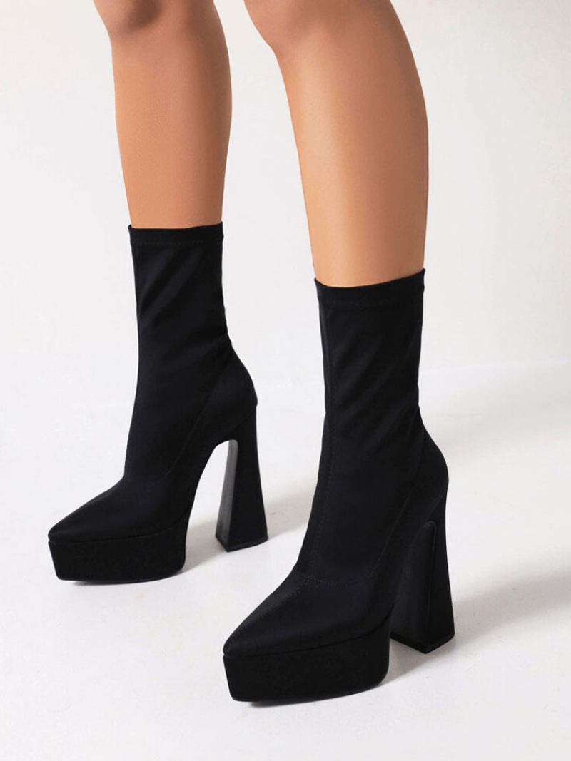 Botas Femininas Tornozelo Com Plataforma Bico Fino E Salto Grosso Elástico - Preto