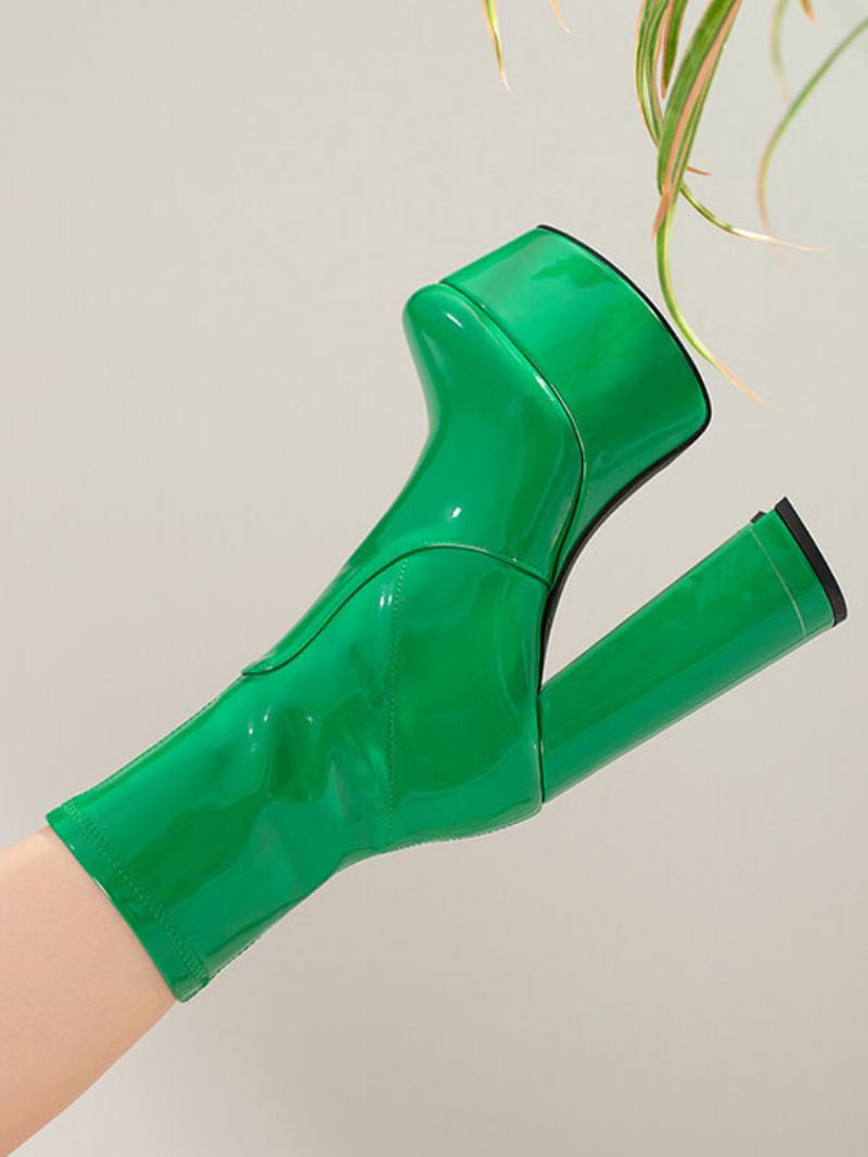 Botas Femininas Tornozelo Com Plataforma Redonda E Salto Couro Brilhante - Verde