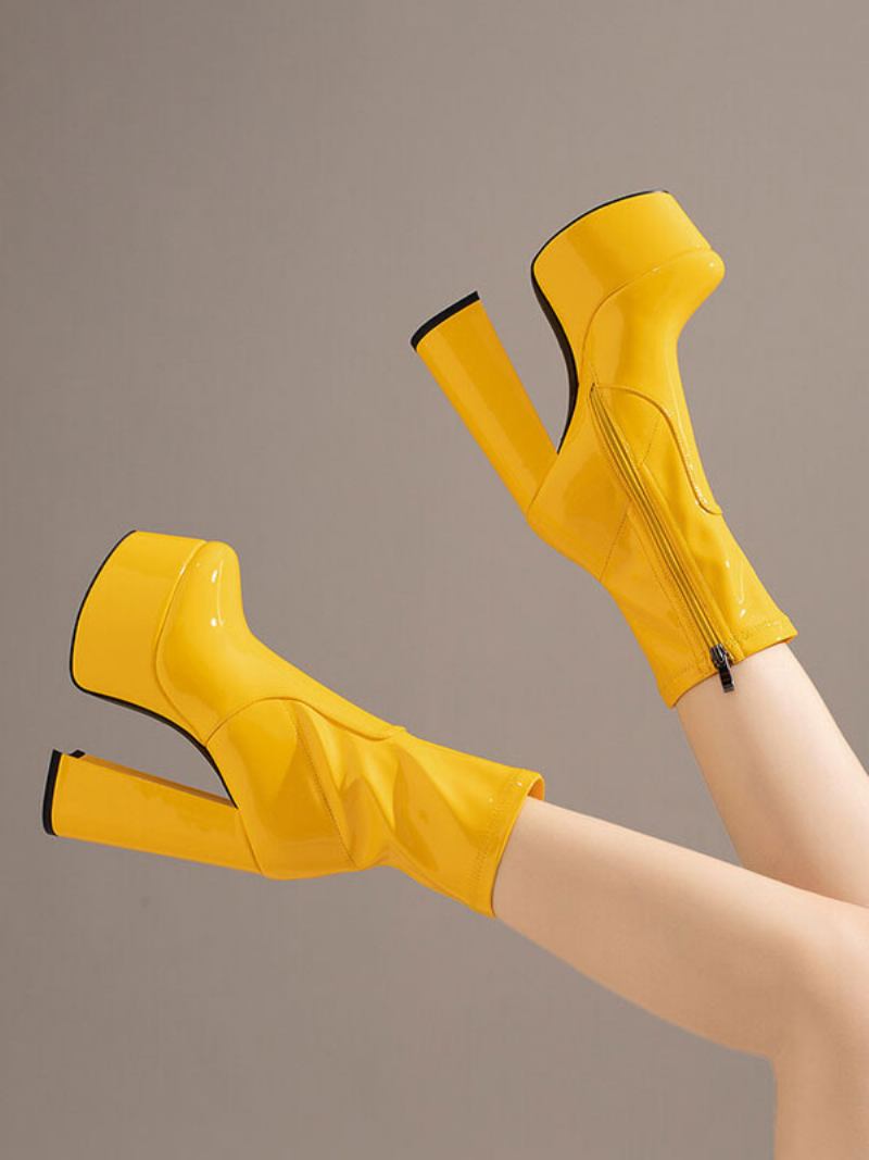 Botas Femininas Tornozelo Com Plataforma Redonda E Salto Couro Brilhante - Amarelo