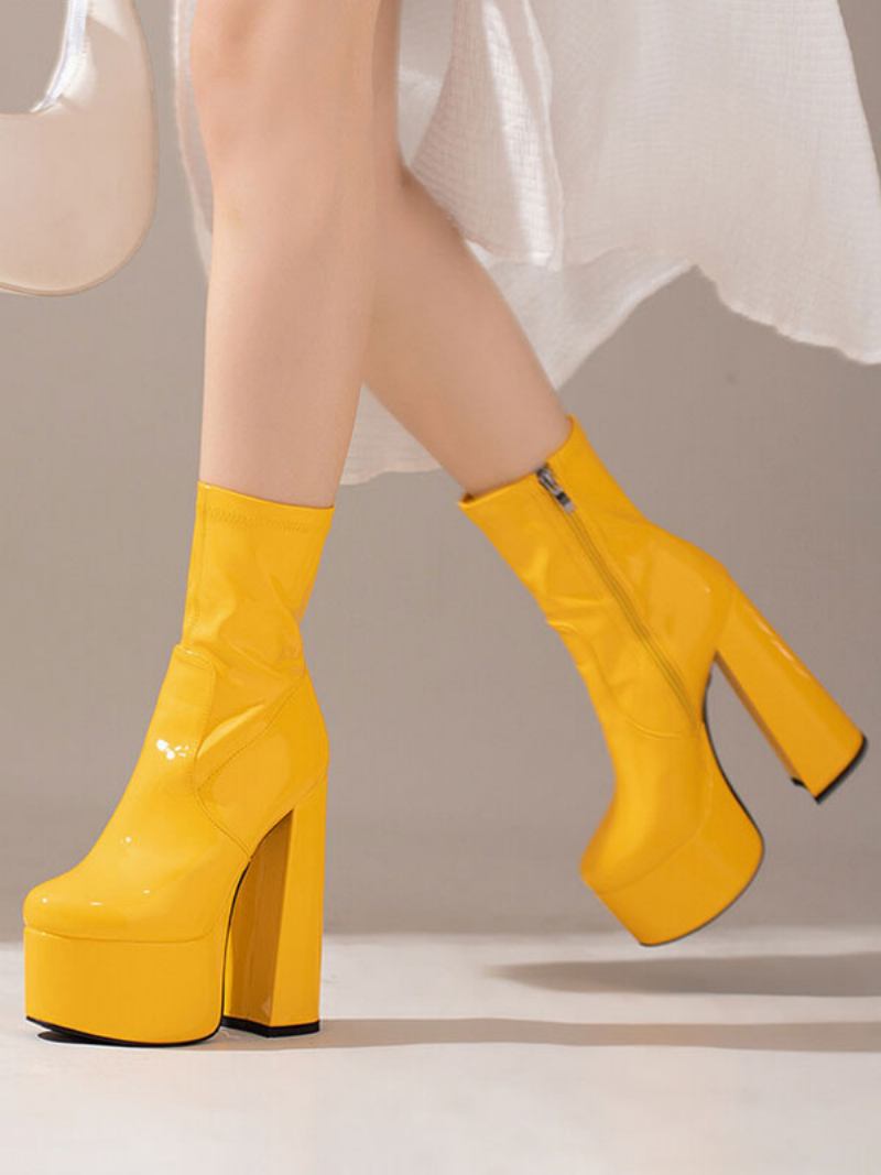 Botas Femininas Tornozelo Com Plataforma Redonda E Salto Couro Brilhante - Amarelo