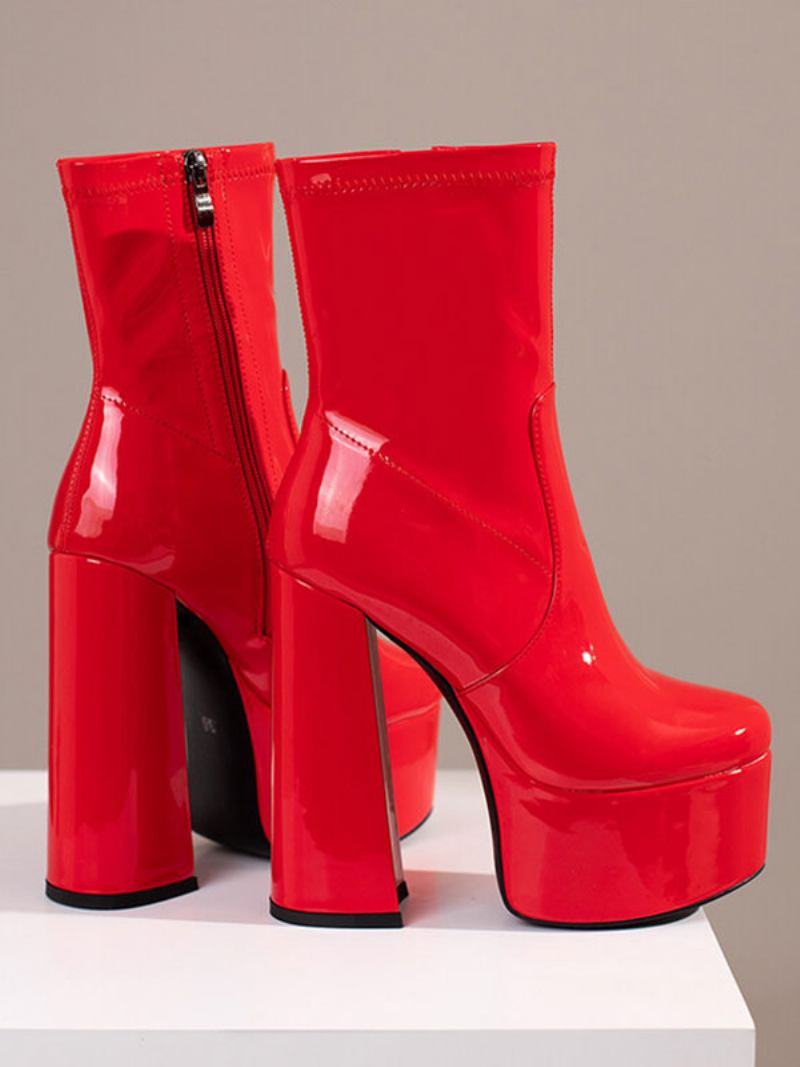 Botas Femininas Tornozelo Com Plataforma Redonda E Salto Couro Brilhante - Vermelho