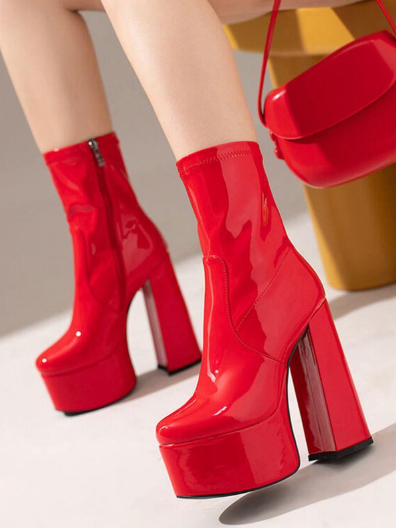 Botas Femininas Tornozelo Com Plataforma Redonda E Salto Couro Brilhante - Vermelho