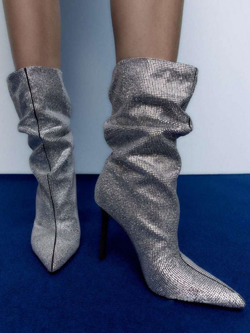 Botas Femininas Tornozelo Com Strass Bico Fino Salto Agulha Desleixadas - Prata