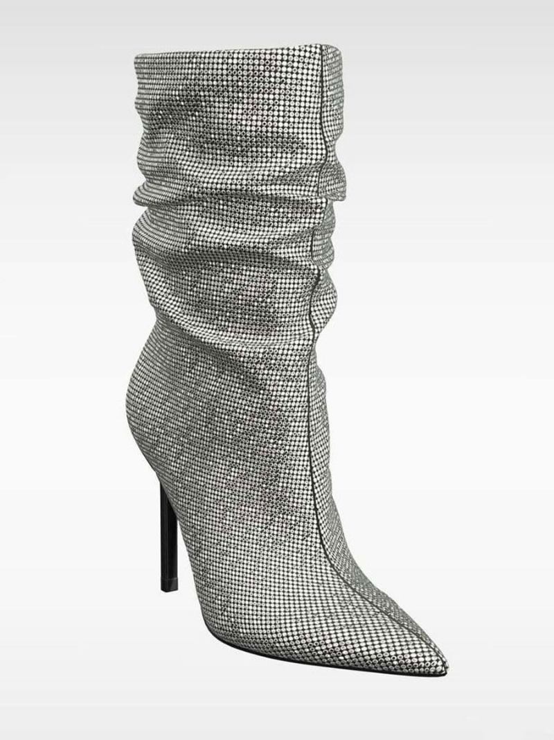 Botas Femininas Tornozelo Com Strass Bico Fino Salto Agulha Desleixadas - Prata