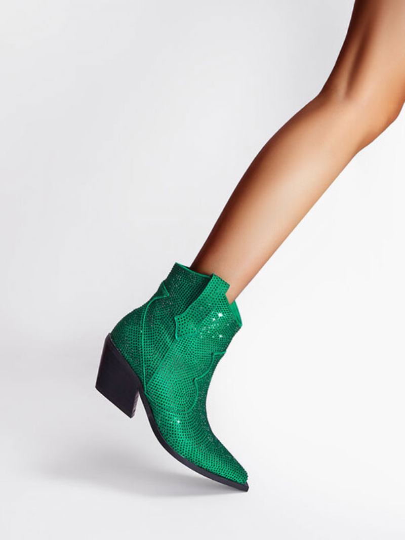 Botas Femininas Tornozelo Com Strass Pontiagudos E Salto Bloco Ocidentais - Verde