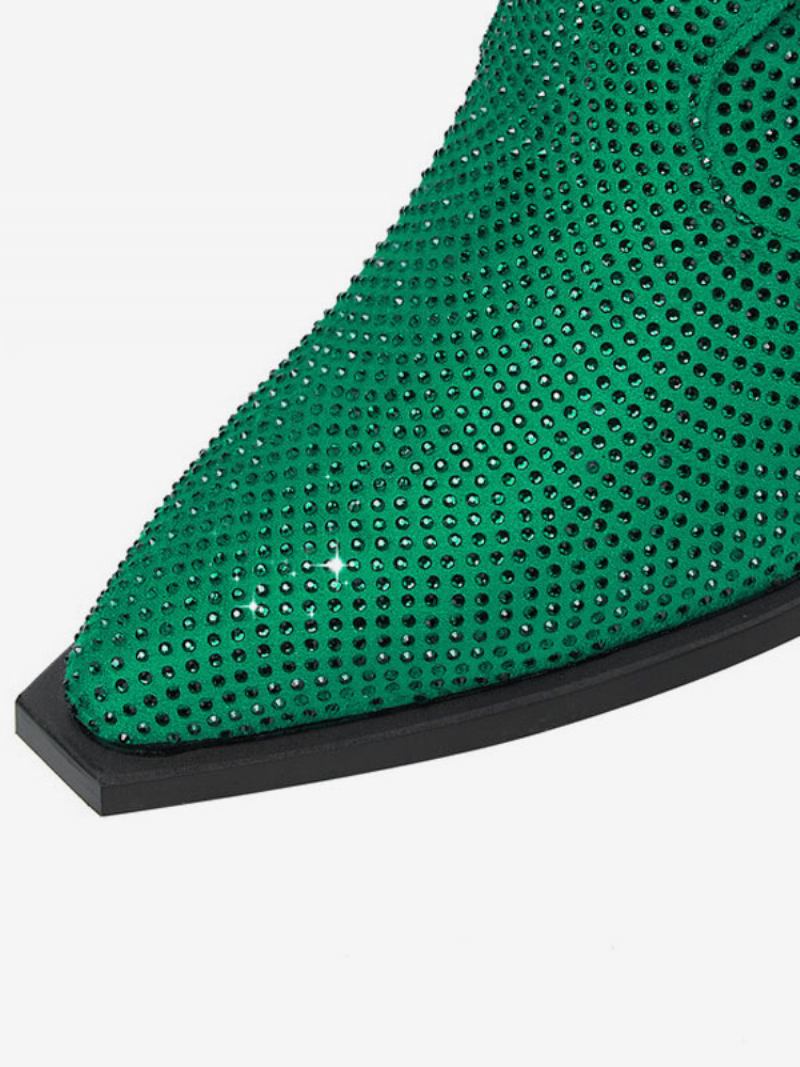 Botas Femininas Tornozelo Com Strass Pontiagudos E Salto Bloco Ocidentais - Verde