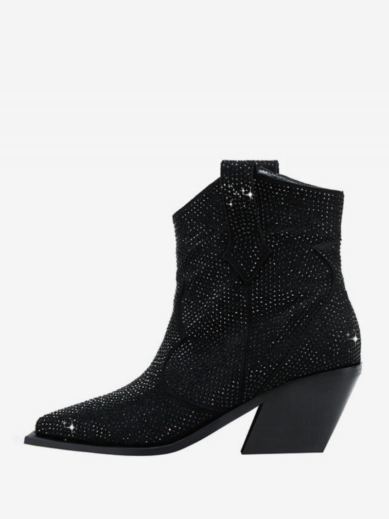 Botas Femininas Tornozelo Com Strass Pontiagudos E Salto Bloco Ocidentais - Preto