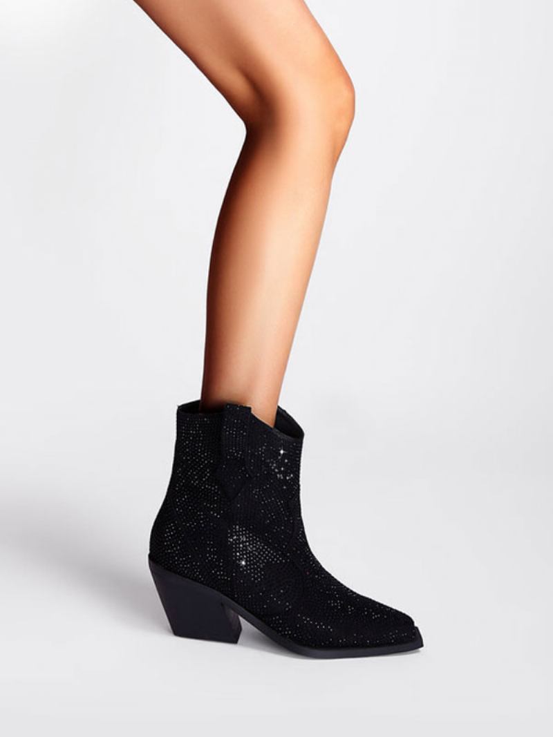 Botas Femininas Tornozelo Com Strass Pontiagudos E Salto Bloco Ocidentais - Preto