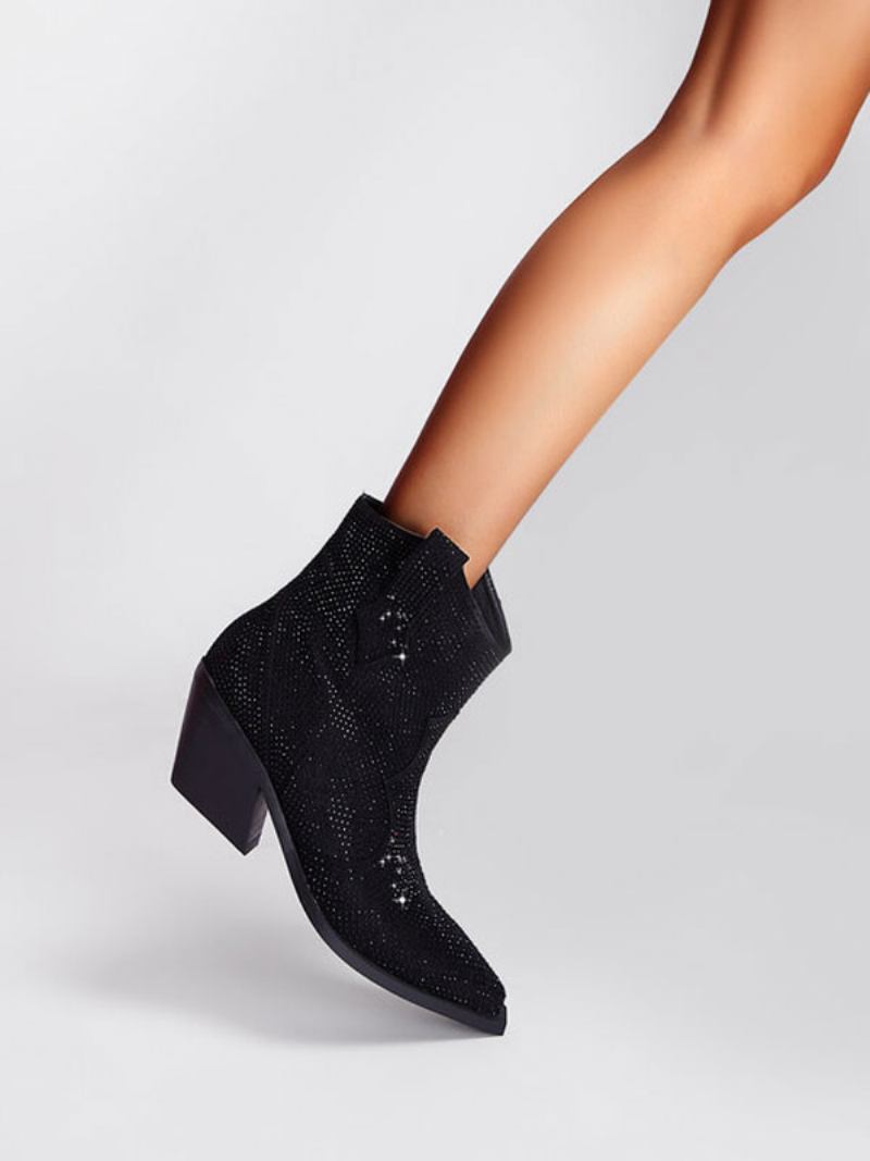 Botas Femininas Tornozelo Com Strass Pontiagudos E Salto Bloco Ocidentais - Preto