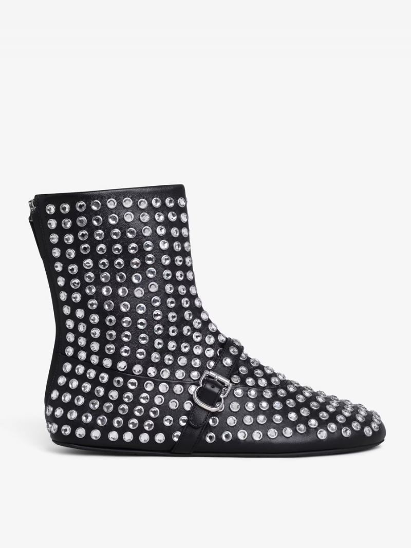 Botas Femininas Tornozelo Com Strass Preto E Sapatos Baixos Festa - Preto