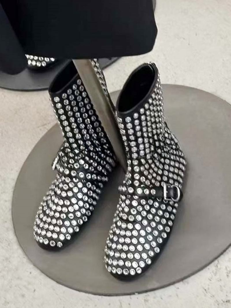 Botas Femininas Tornozelo Com Strass Preto E Sapatos Baixos Festa - Preto