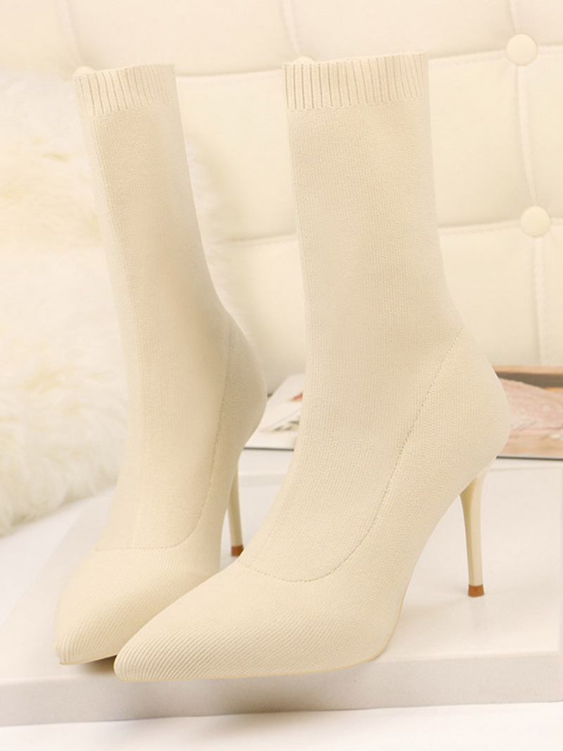 Botas Femininas Tornozelo Damasco Bico Fino Salto Agulha Luva - Amarelo Claro Claro