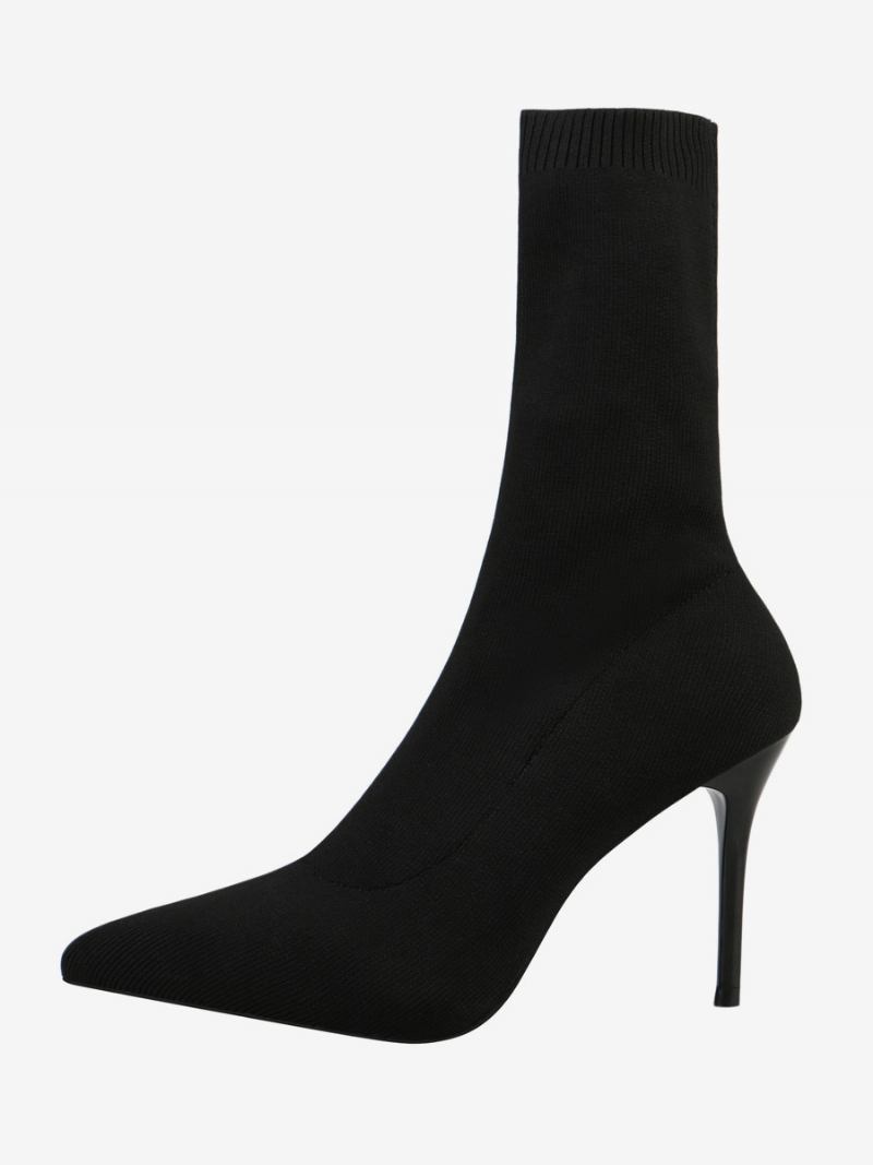 Botas Femininas Tornozelo Damasco Bico Fino Salto Agulha Luva - Preto