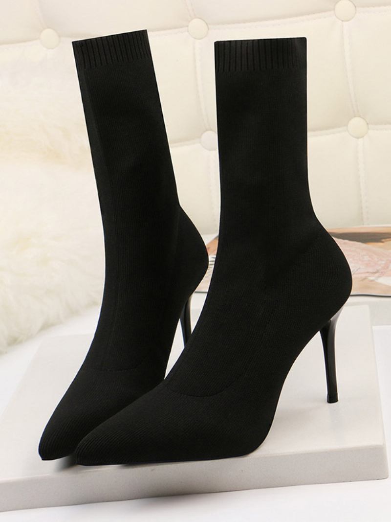 Botas Femininas Tornozelo Damasco Bico Fino Salto Agulha Luva - Preto