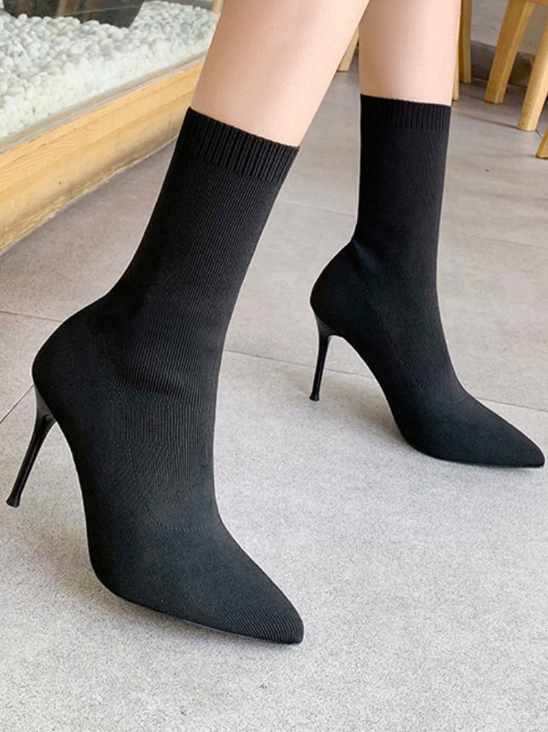 Botas Femininas Tornozelo Damasco Bico Fino Salto Agulha Luva - Preto