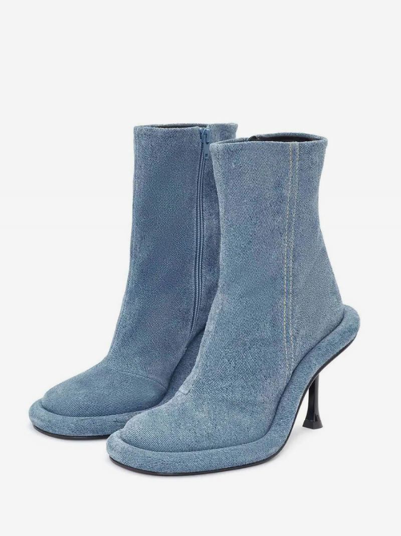 Botas Femininas Tornozelo Jeans Azul Bico Redondo Projetadas Salto Agulha