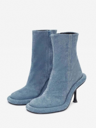 Botas Femininas Tornozelo Jeans Azul Bico Redondo Projetadas Salto Agulha