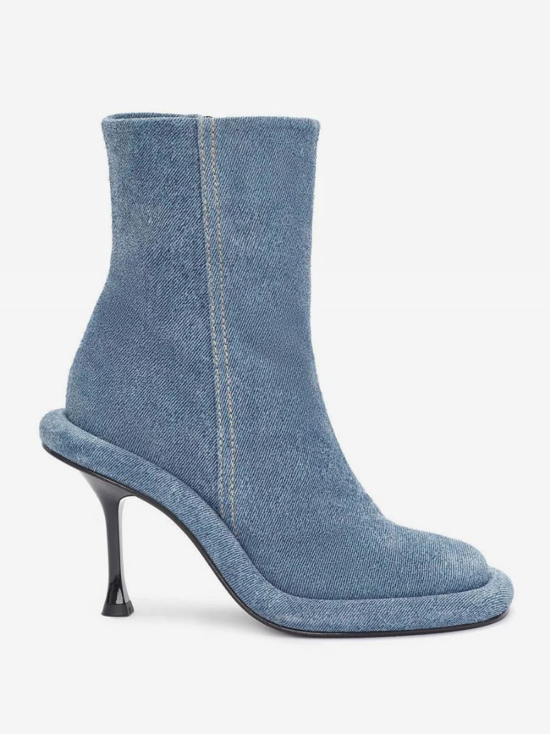 Botas Femininas Tornozelo Jeans Azul Bico Redondo Projetadas Salto Agulha - Azul Céu Claro