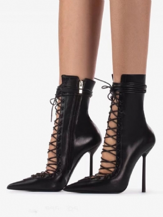 Botas Femininas Tornozelo Preto Bico Fino Rendas Projetadas Com Zíper Salto Alto Sexy