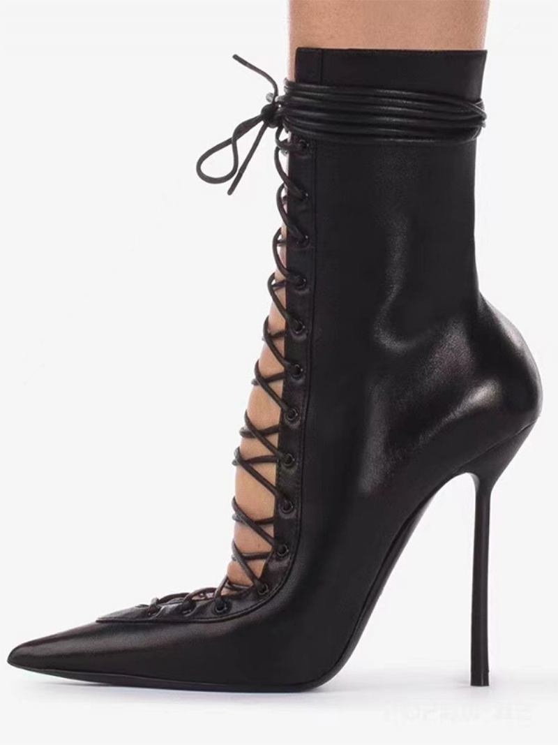 Botas Femininas Tornozelo Preto Bico Fino Rendas Projetadas Com Zíper Salto Alto Sexy - Preto