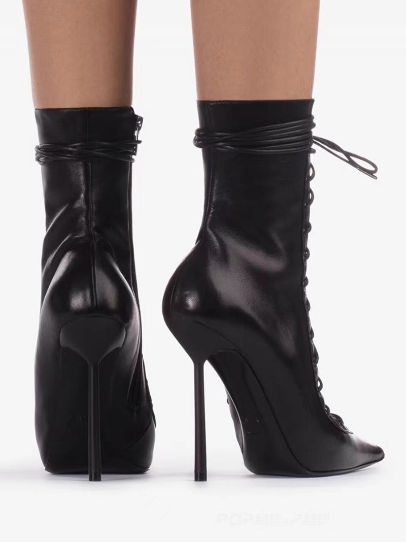 Botas Femininas Tornozelo Preto Bico Fino Rendas Projetadas Com Zíper Salto Alto Sexy - Preto