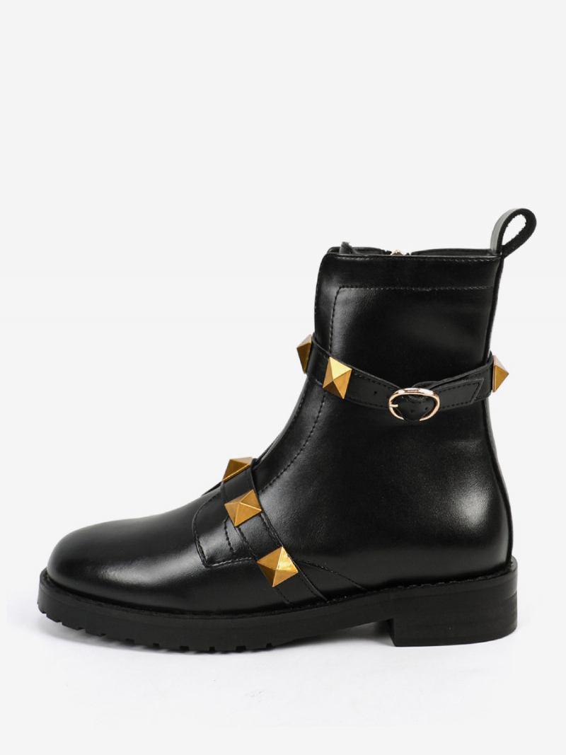 Botas Femininas Tornozelo Preto Dourado Com Rebites E Planas