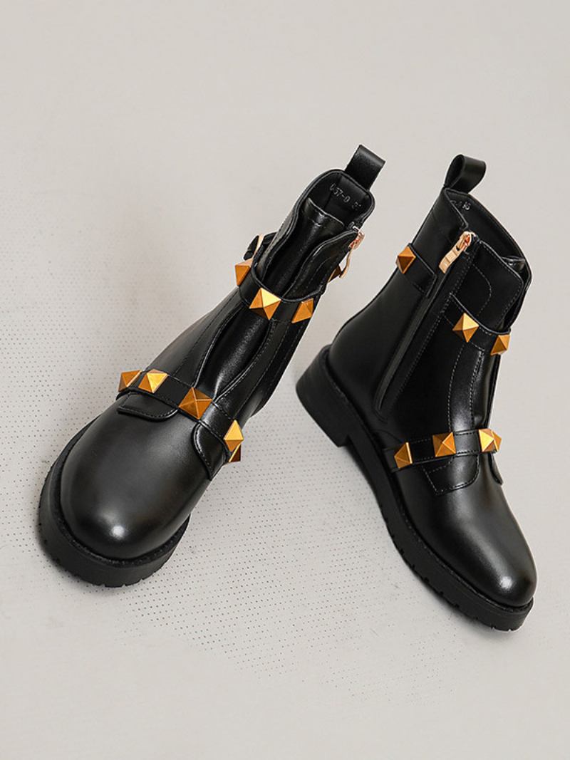 Botas Femininas Tornozelo Preto Dourado Com Rebites E Planas - Ouro Preto