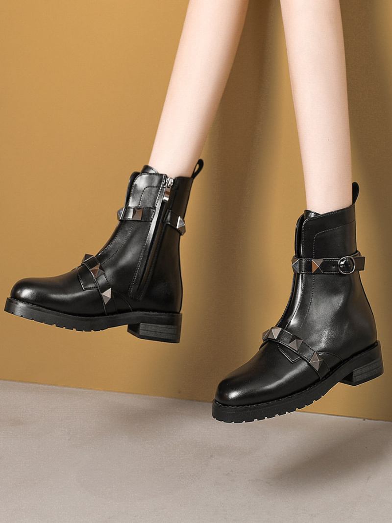 Botas Femininas Tornozelo Preto Dourado Com Rebites E Planas - Preto