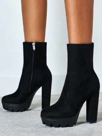 Botas Femininas Tornozelo Preto Micro Camurça Dedo Do Pé Redondo Salto Grosso Alto