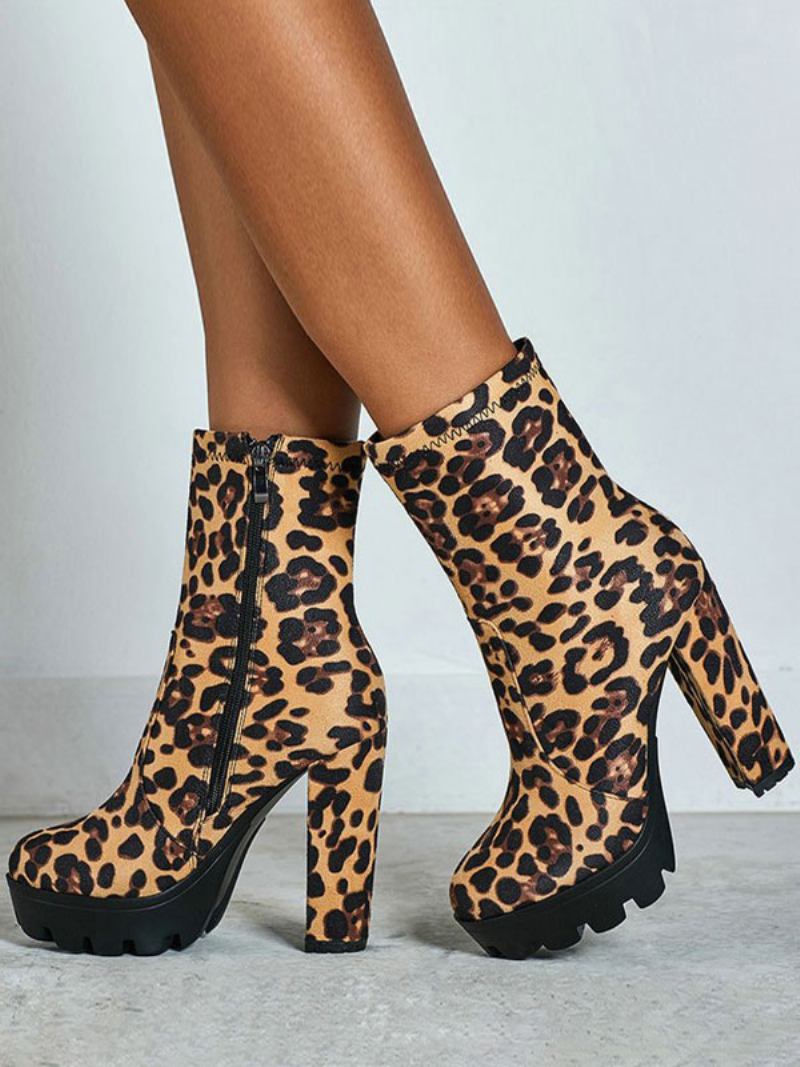 Botas Femininas Tornozelo Preto Micro Camurça Dedo Do Pé Redondo Salto Grosso Alto - Leopardo