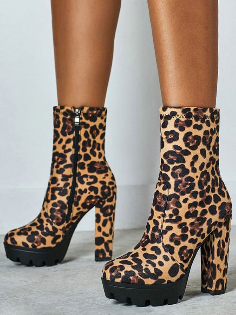 Botas Femininas Tornozelo Preto Micro Camurça Dedo Do Pé Redondo Salto Grosso Alto - Leopardo