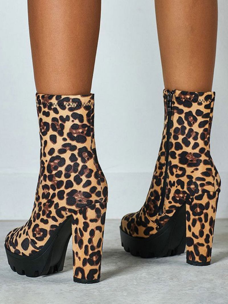 Botas Femininas Tornozelo Preto Micro Camurça Dedo Do Pé Redondo Salto Grosso Alto - Leopardo