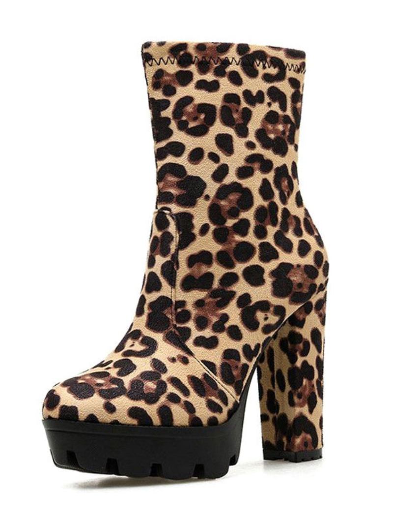 Botas Femininas Tornozelo Preto Micro Camurça Dedo Do Pé Redondo Salto Grosso Alto - Leopardo