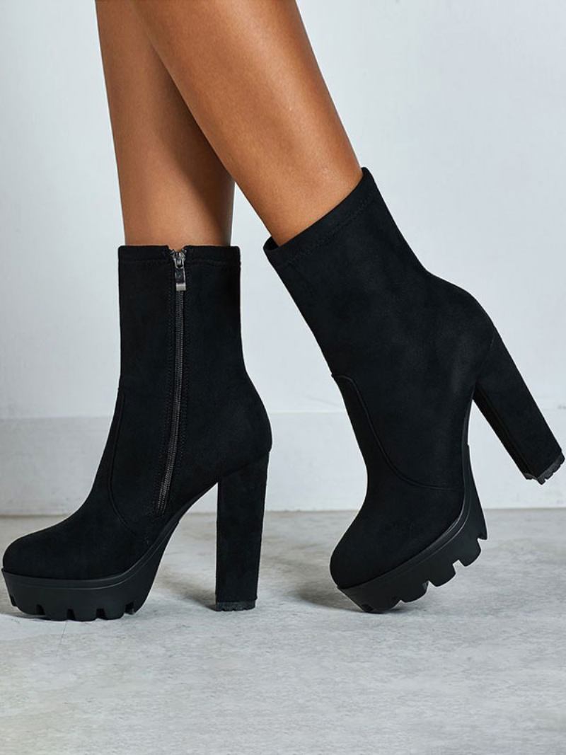 Botas Femininas Tornozelo Preto Micro Camurça Dedo Do Pé Redondo Salto Grosso Alto - Preto