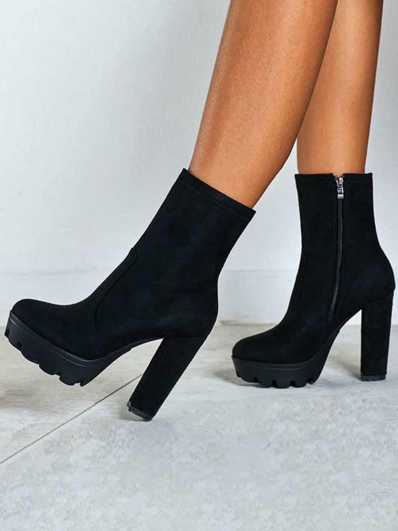 Botas Femininas Tornozelo Preto Micro Camurça Dedo Do Pé Redondo Salto Grosso Alto - Preto