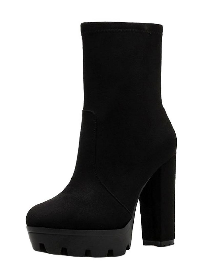 Botas Femininas Tornozelo Preto Micro Camurça Dedo Do Pé Redondo Salto Grosso Alto - Preto