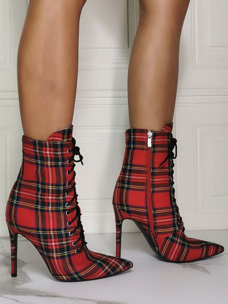 Botas Femininas Tornozelo Vermelho Lona Pontiaguda Salto Agulha Sky High Houndstooth