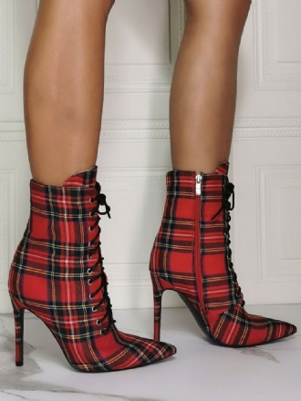 Botas Femininas Tornozelo Vermelho Lona Pontiaguda Salto Agulha Sky High Houndstooth