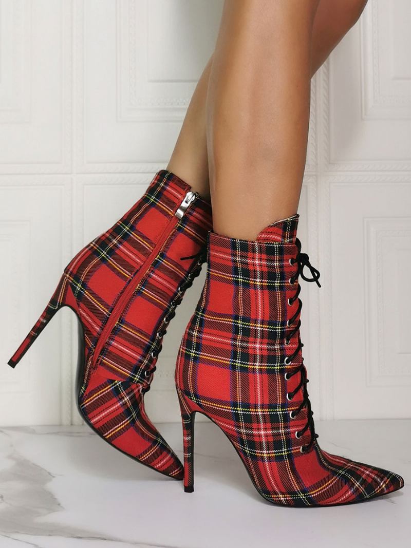 Botas Femininas Tornozelo Vermelho Lona Pontiaguda Salto Agulha Sky High Houndstooth - Vermelho