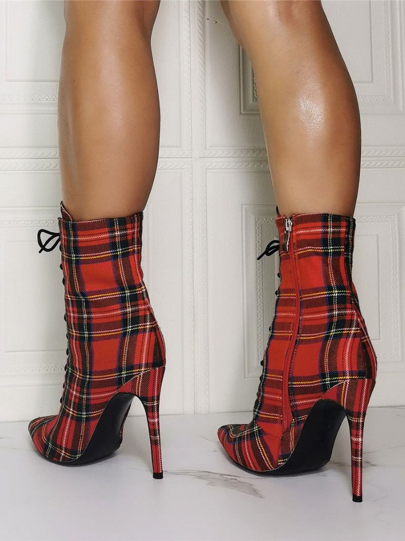 Botas Femininas Tornozelo Vermelho Lona Pontiaguda Salto Agulha Sky High Houndstooth - Vermelho