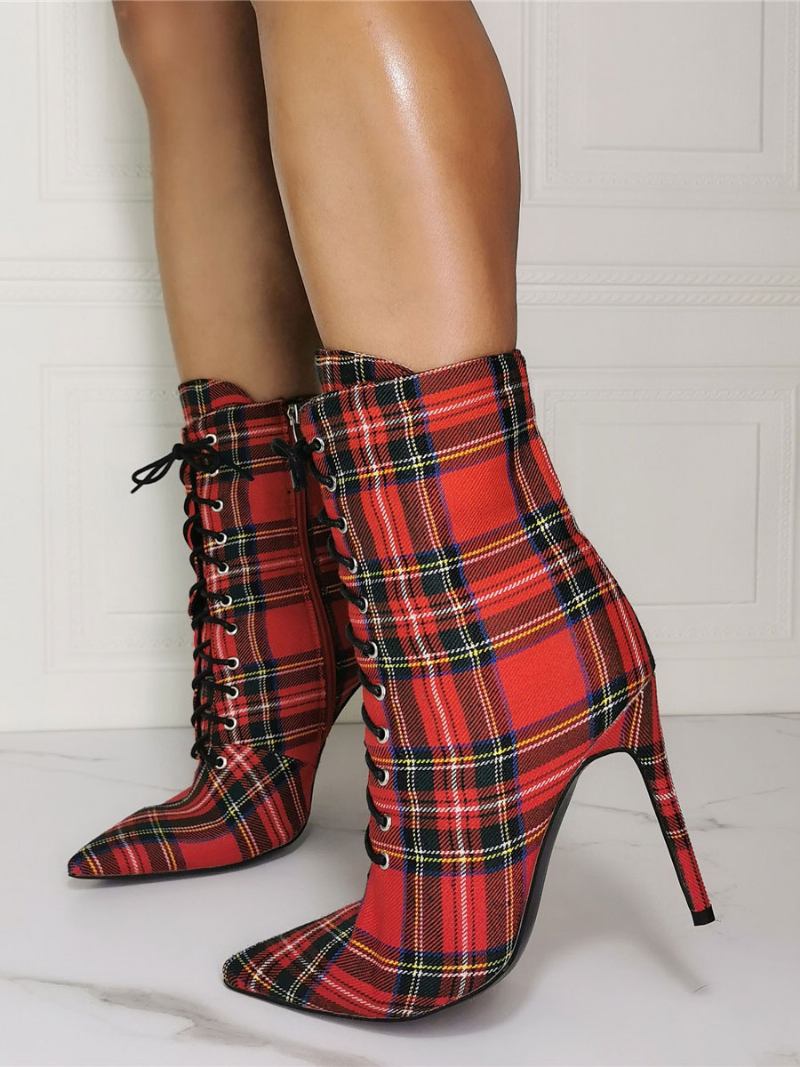 Botas Femininas Tornozelo Vermelho Lona Pontiaguda Salto Agulha Sky High Houndstooth - Vermelho